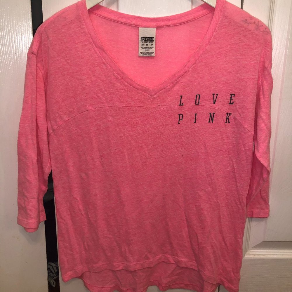 "Love Pink" 3/4 Sleeve Neon Pink Shirt